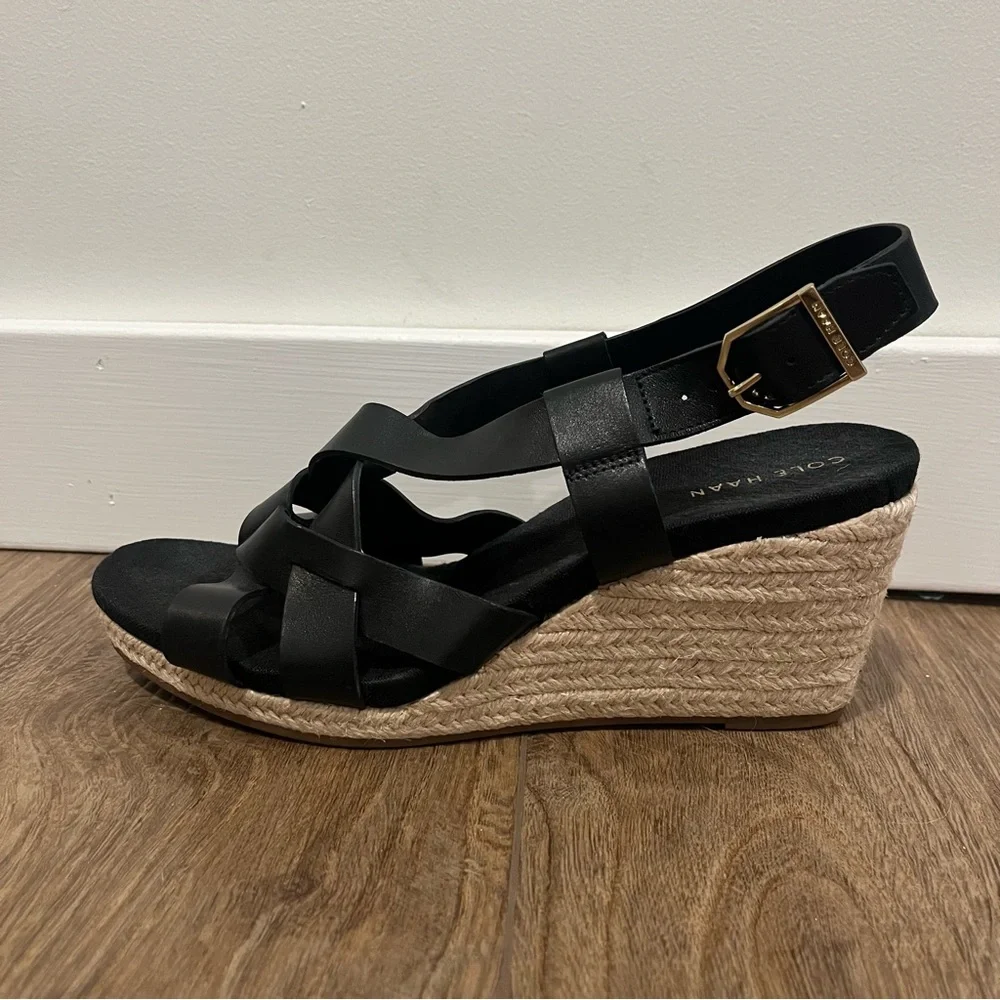 Cole Haan Crystal Wedge Sandals Black‎ Leather Size 7.5B